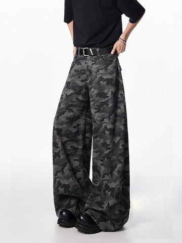 [WHOLESALE ONLY - CONTACT TO ORDER] Men's Heavyweight 100% Cotton Loose Fit Dark Camo Curved Balloon Wide-Leg Jeans (Charcoal Camo) [AW-487]
