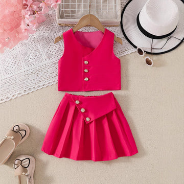 [WHOLESALE ONLY - CONTACT TO ORDER] Toddler & Girls Chic Asymmetrical Button-Front Vest & Pleated Skirt 2-Piece Suit Set (Hot Pink) [KW-198]