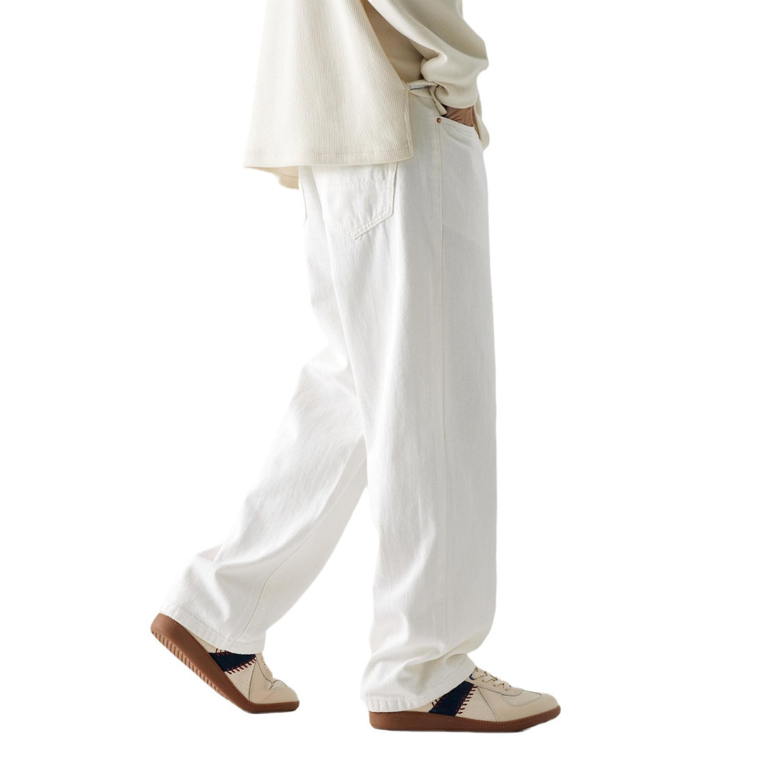[WHOLESALE ONLY - CONTACT TO ORDER] Men's Korean Clean Fit Heavyweight 100% Cotton Relaxed Straight Wide-Leg Jeans (Off-White / Natural Ivory) [AW-327]