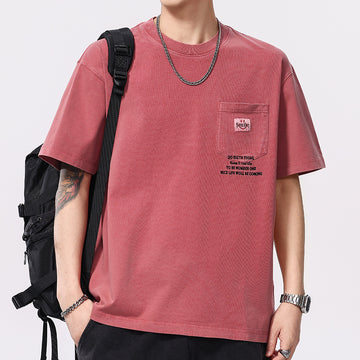 [WHOLESALE ONLY - CONTACT TO ORDER] Men's Heavyweight 100% Combed Cotton Vintage Washed Graphic Pocket Crewneck T-Shirt (Washed Brick Red) [AW-414]