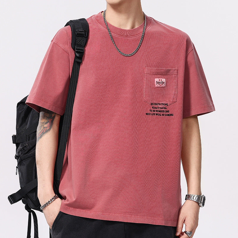 [WHOLESALE ONLY - CONTACT TO ORDER] Men's Heavyweight 100% Combed Cotton Vintage Washed Graphic Pocket Crewneck T-Shirt (Washed Brick Red) [AW-414]