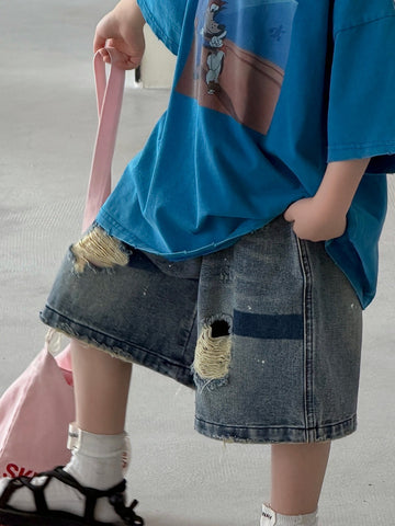 [WHOLESALE ONLY - CONTACT TO ORDER] Unisex Kids Heavyweight 85% Cotton Distressed Vintage Washed Denim Shorts (Washed Blue) [KW-204]