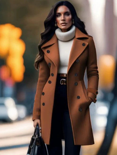 [WHOLESALE ONLY - CONTACT TO ORDER] Women's Heavyweight 65% Cotton Double-Breasted Slim Fit Mid-Length Woolen Trench Coat (Rust Brown) [AW-360]