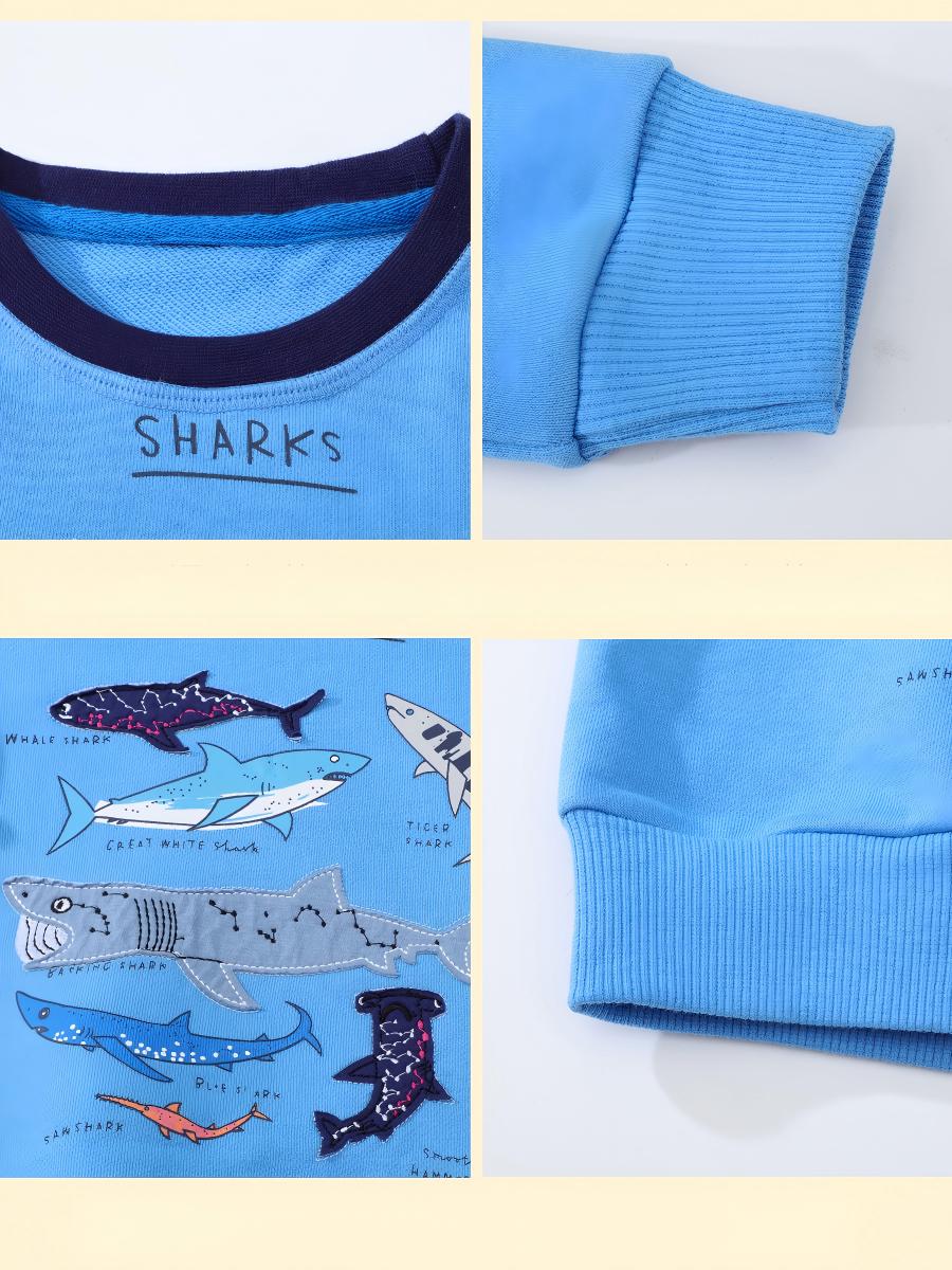 [WHOLESALE ONLY - CONTACT TO ORDER] Boys Heavyweight Cotton French Terry Ocean Sharks Embroidered Sweatshirt (Sky Blue) [KW-234]