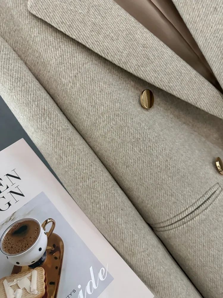 [WHOLESALE ONLY - CONTACT TO ORDER] Women's Korean Quiet Luxury Double-Breasted Peak Lapel Tweed Wool Blend Blazer (Light Oatmeal Melange) [AW-320]