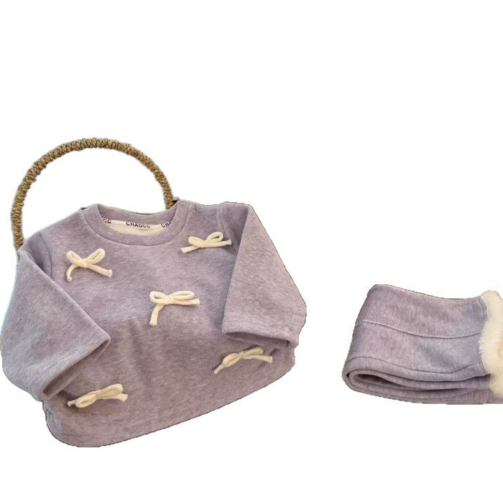 [WHOLESALE ONLY - CONTACT TO ORDER] Toddler & Girls Combed Cotton Fleece-Lined 3D Knotted Bow Sweatshirt & Pants 2-Piece Set (Heather Lavender) [KW-271]