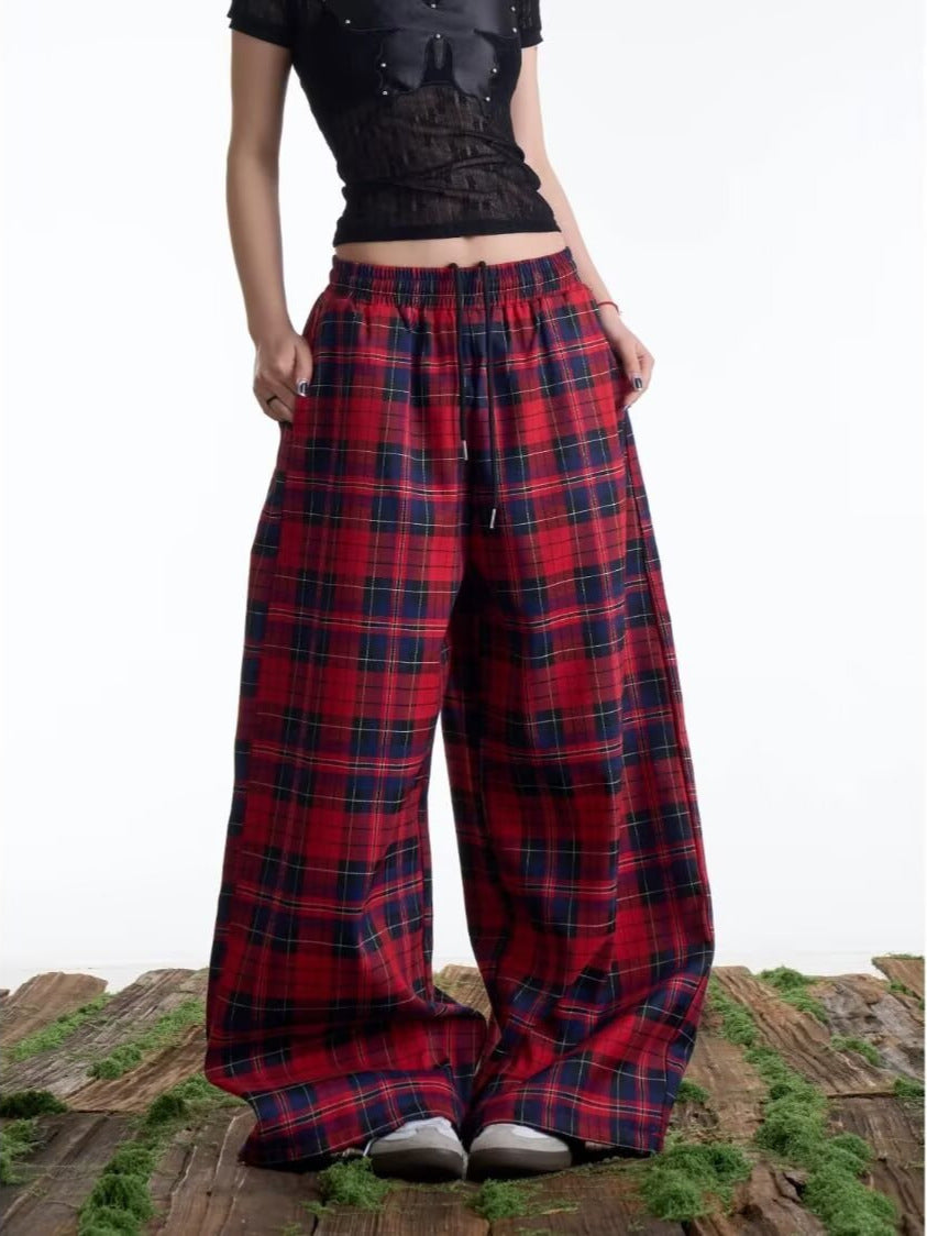 [WHOLESALE ONLY - CONTACT TO ORDER] Women's Baggy Plaid Flannel Wide-Leg Trousers with Drawstring Elastic Waist (Red Tartan) [AW-150]