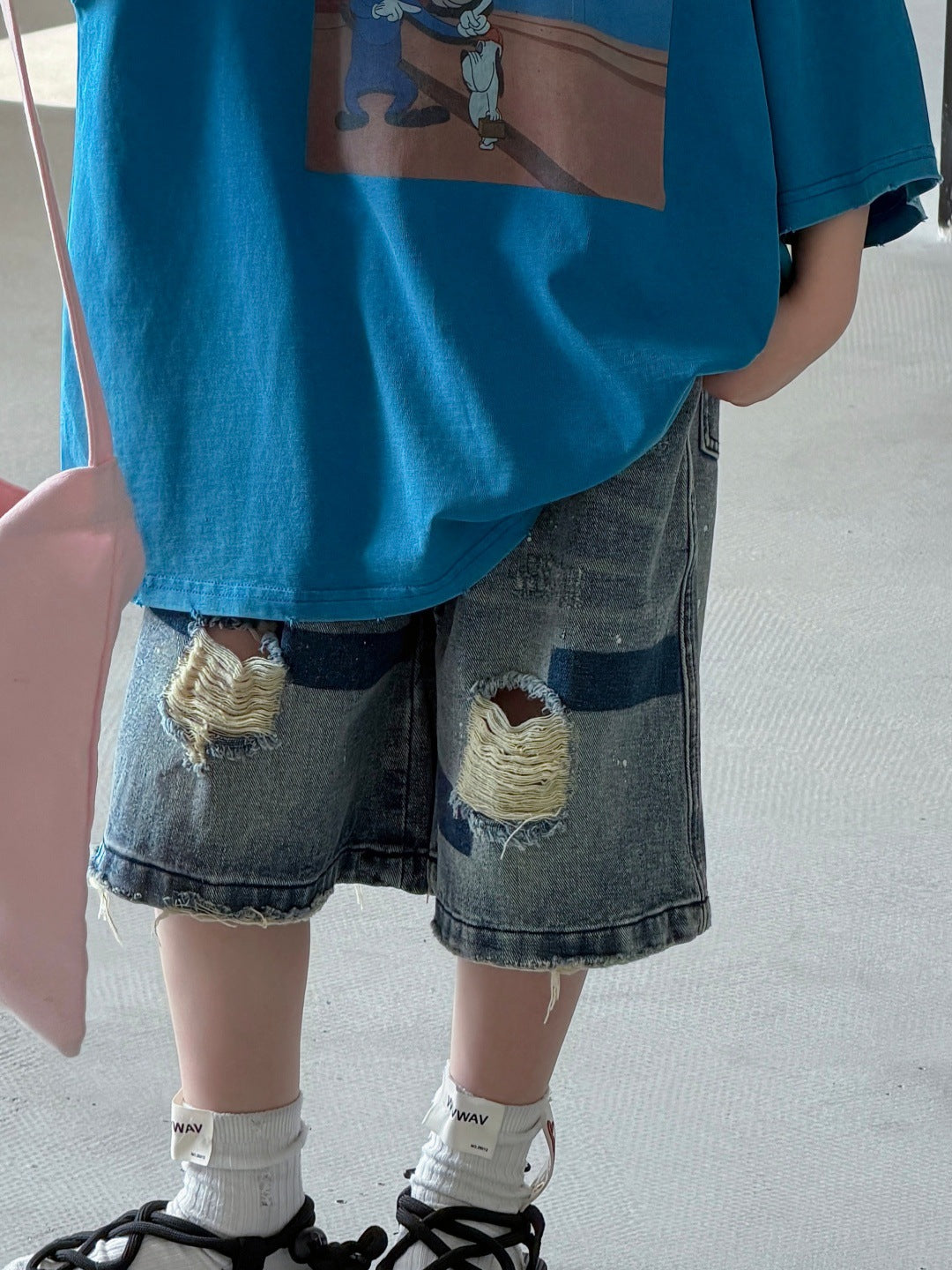 [WHOLESALE ONLY - CONTACT TO ORDER] Unisex Kids Heavyweight 85% Cotton Distressed Vintage Washed Denim Shorts (Washed Blue) [KW-204]
