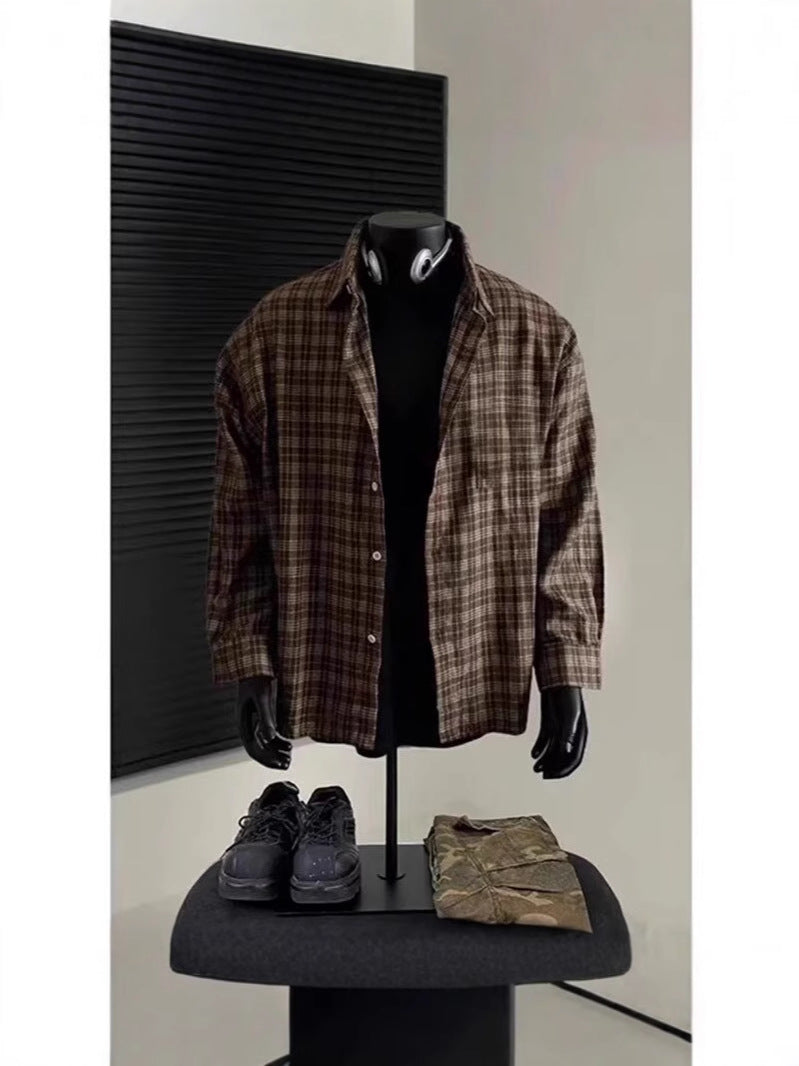 Men’s Brushed Plaid Shirt – Brown Check Layering Piece, Casual Relaxed Fit[NA-006]
