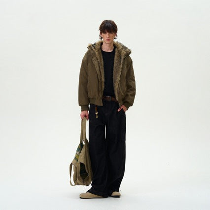 [WHOLESALE ONLY - CONTACT TO ORDER] Unisex Heavyweight 70% Cotton Padded Winter Bomber Jacket with Faux Fur Trim Hood (Military Olive Green) [AW-279]