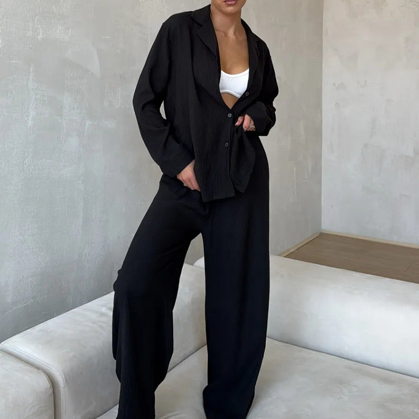 [WHOLESALE ONLY - CONTACT TO ORDER] Women's Cotton Blend 2-Piece Crinkled Ripple Textured Notch-Lapel Shirt & Wide-Leg Pants Pajama Set (Noir Black) [AW-570]