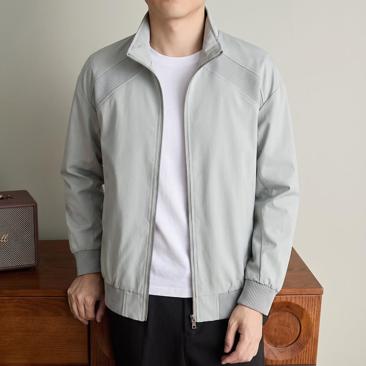 [WHOLESALE ONLY - CONTACT TO ORDER] Men's Stand Collar Ribbed Yoke Cotton Blend Zip-Up Windbreaker Bomber Jacket [AW-248]