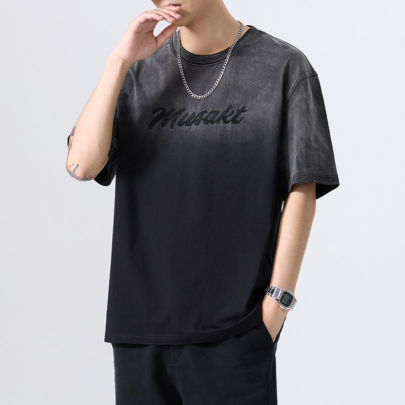 [WHOLESALE ONLY - CONTACT TO ORDER] Men's Heavyweight 100% Cotton Oversized Acid Wash Gradient Short Sleeve T-Shirt with Embroidered Script (Washed Charcoal Black) [AW-468]