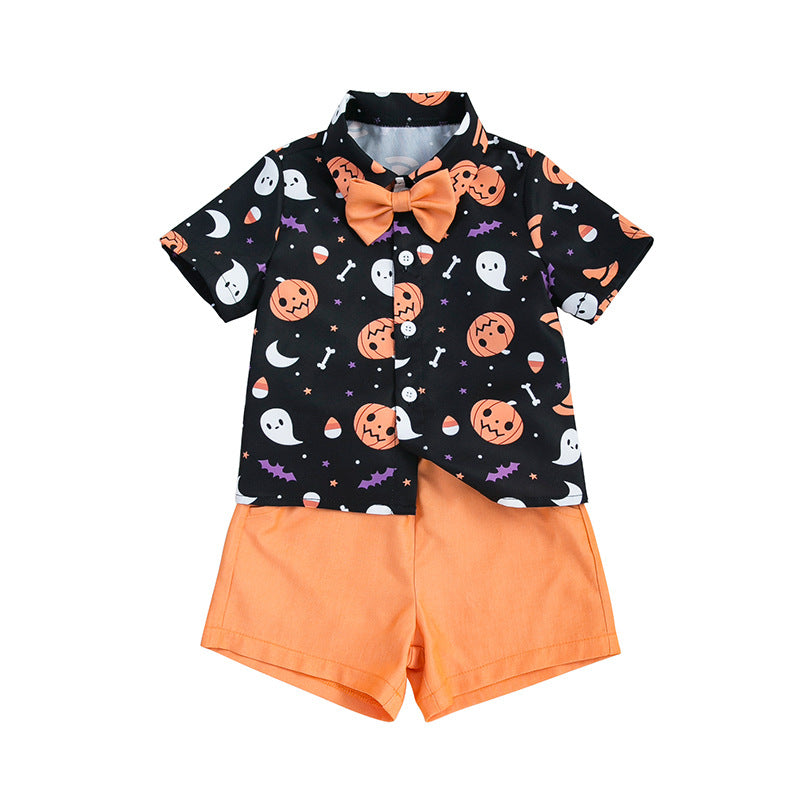 [WHOLESALE ONLY - CONTACT TO ORDER] Toddler Boys 70% Combed Cotton Short Sleeve Halloween Pumpkin Graphic Shirt & Shorts Set with Bowtie (Black & Orange) [KW-228]