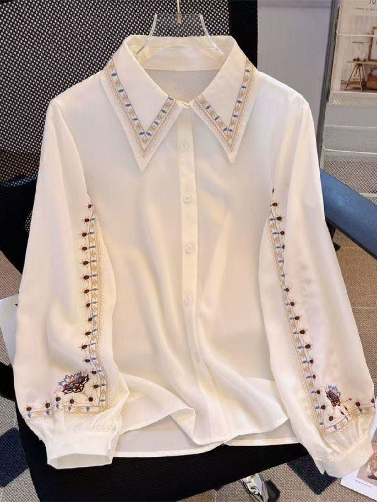 [WHOLESALE ONLY - CONTACT TO ORDER] Women's Vintage Embroidered Point Collar Long Sleeve Button-Down Blouse (Ivory Cream) [AW-407]