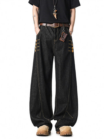 [WHOLESALE ONLY - CONTACT TO ORDER] Men's Heavyweight 100% Cotton Loose Fit Curved Seam Balloon Wide-Leg Jeans with Side Button Accents (Indigo Black) [AW-478]
