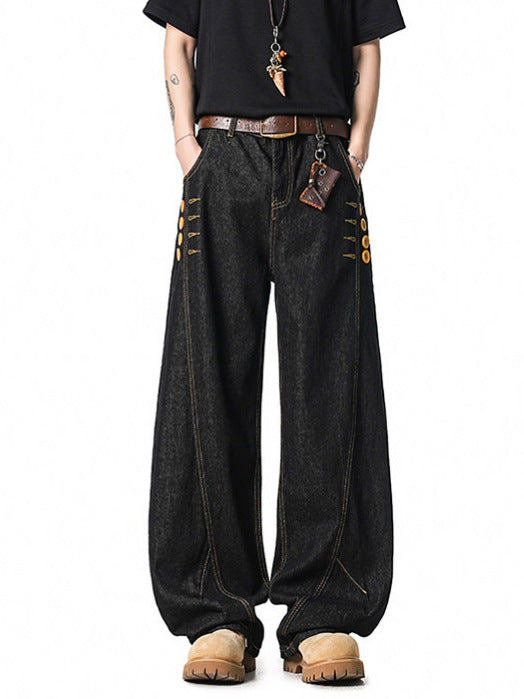 [WHOLESALE ONLY - CONTACT TO ORDER] Men's Heavyweight 100% Cotton Loose Fit Curved Seam Balloon Wide-Leg Jeans with Side Button Accents (Indigo Black) [AW-478]