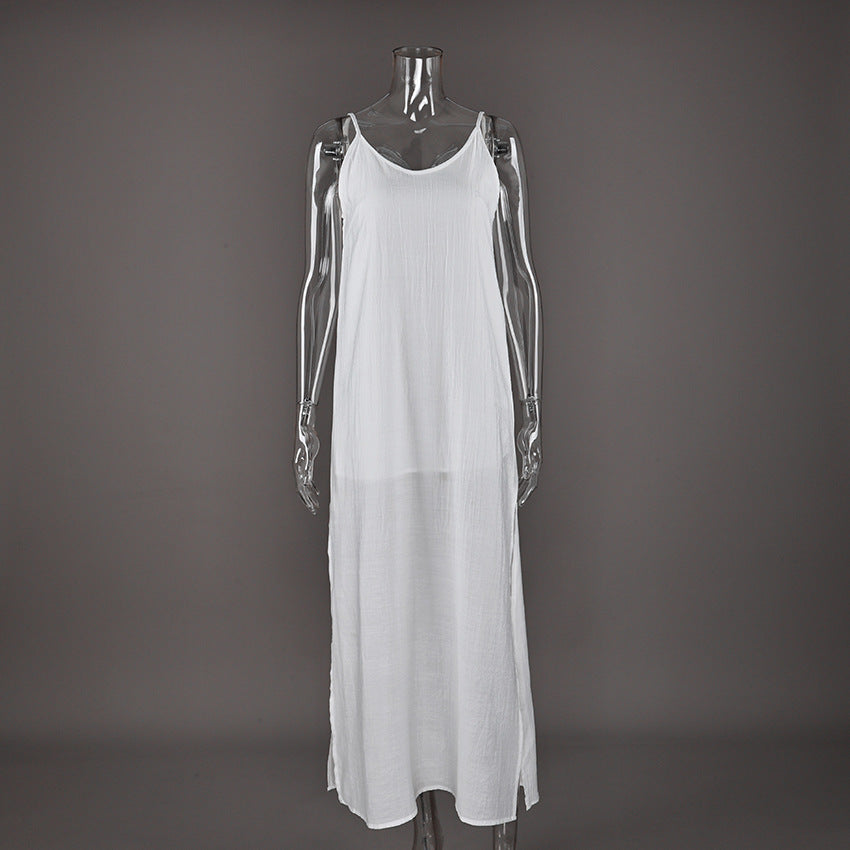 [WHOLESALE ONLY - CONTACT TO ORDER] Women's Cotton Blend Linen-Look Side-Slit Spaghetti Strap Maxi Slip Nightdress (Pure White) [AW-553]