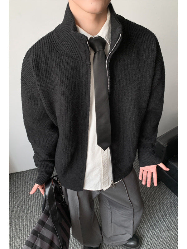 [WHOLESALE ONLY - CONTACT TO ORDER] Men's Korean Clean Fit Heavyweight Chunky Ribbed Knit Two-Way Double-Zipper High Stand Collar Cardigan Sweater (Obsidian Black) [AW-336]