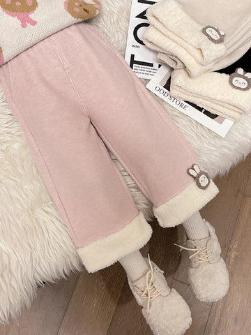 [WHOLESALE ONLY - CONTACT TO ORDER] Toddler Girls Heavyweight 80% Cotton Corduroy Sherpa-Lined Wide-Leg Pants with 3D Bunny Patch (Dusty Pink) [KW-180]