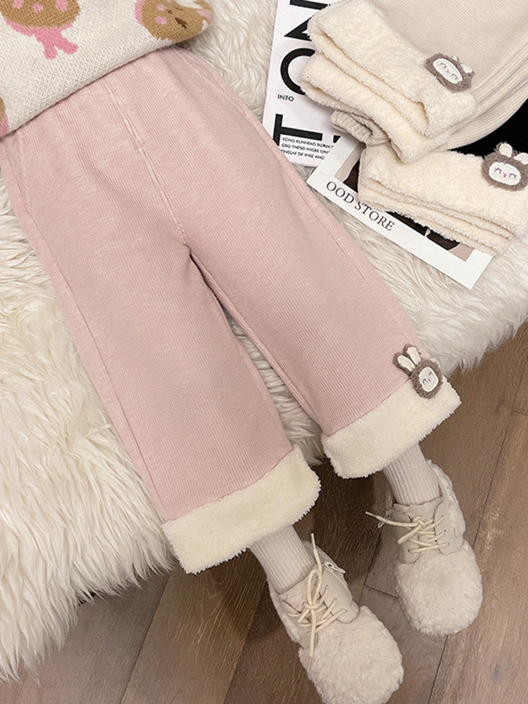 [WHOLESALE ONLY - CONTACT TO ORDER] Toddler Girls Heavyweight 80% Cotton Corduroy Sherpa-Lined Wide-Leg Pants with 3D Bunny Patch (Dusty Pink) [KW-180]