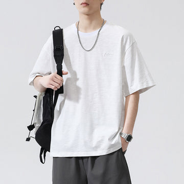 [WHOLESALE ONLY - CONTACT TO ORDER] Men's Heavyweight 100% Slub Cotton Oversized Drop-Shoulder T-Shirt with Embroidered Logo (Solid White) [AW-461]