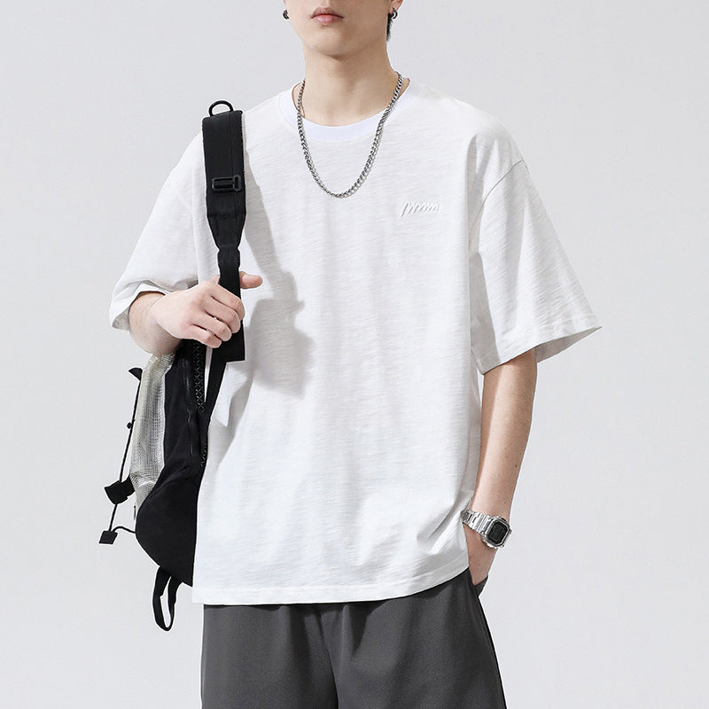 [WHOLESALE ONLY - CONTACT TO ORDER] Men's Heavyweight 100% Slub Cotton Oversized Drop-Shoulder T-Shirt with Embroidered Logo (Solid White) [AW-461]