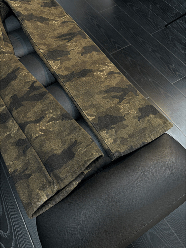 [WHOLESALE ONLY - CONTACT TO ORDER] Men's Heavyweight 100% Cotton Loose Fit Vintage Camo Wide-Leg Bootcut Flare Jeans (Distressed Olive) [AW-486]