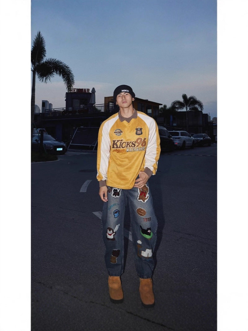 Washed Streetwear Cartoon Charm Loose Wide-Leg Jeans[DROP3-023]