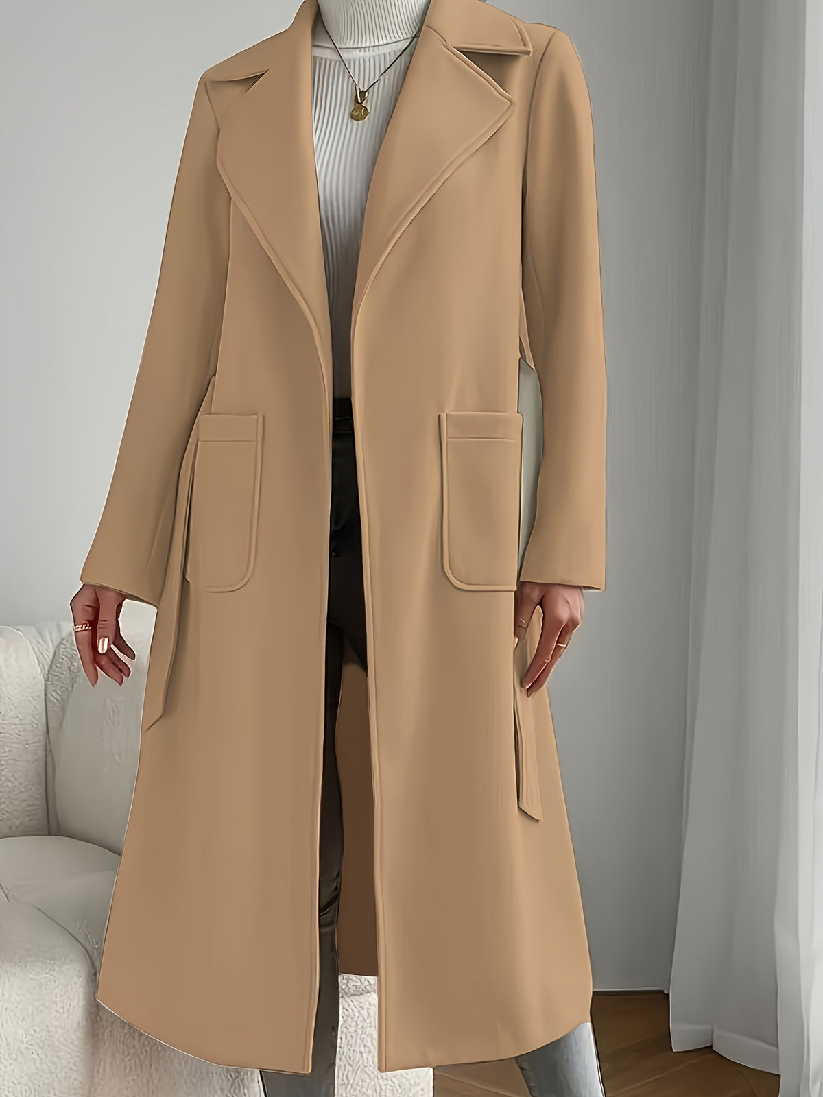 [WHOLESALE ONLY - CONTACT TO ORDER] Women's Heavyweight 70% Cotton Notch Lapel Belted Long Trench Duster Coat (Classic Camel) [AW-359]