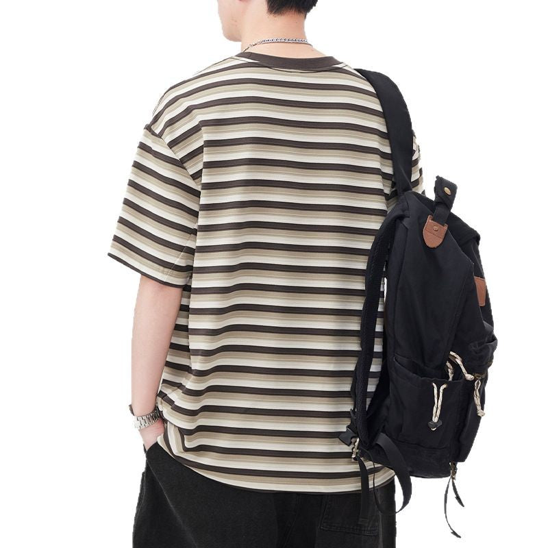 [WHOLESALE ONLY - CONTACT TO ORDER] Unisex Relaxed Fit Heavyweight 100% Combed Cotton Yarn-Dyed Striped Short Sleeve T-Shirt (Earth Brown & Khaki) [AW-287]