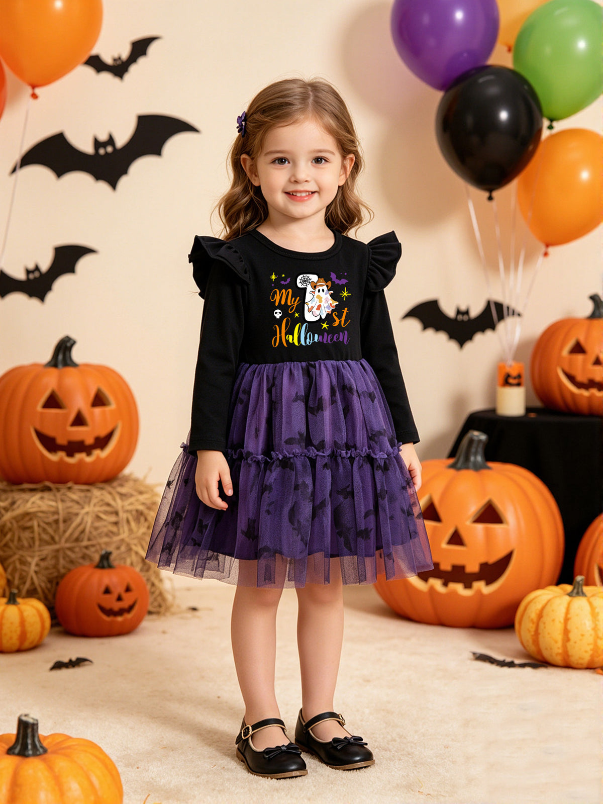 [WHOLESALE ONLY - CONTACT TO ORDER] Toddler Girls Premium 95% Cotton Halloween Bat Print Purple Tiered Tutu Dress (Black / Purple) [KW-214]