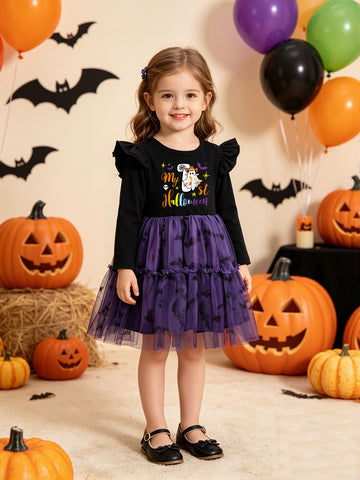 [WHOLESALE ONLY - CONTACT TO ORDER] Toddler Girls Premium 95% Cotton Halloween Bat Print Purple Tiered Tutu Dress (Black / Purple) [KW-214]