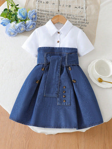 [WHOLESALE ONLY - CONTACT TO ORDER] Toddler Girls Preppy 80% Cotton 2-in-1 White Lapel Shirt and Belted Denim A-Line Dress (White & Denim Blue) [KW-184]