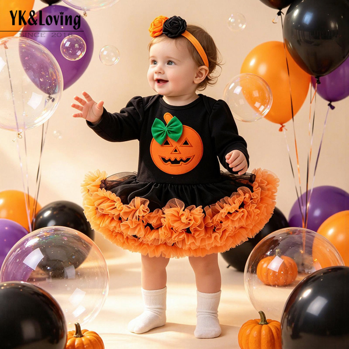 [WHOLESALE ONLY - CONTACT TO ORDER] Baby Girls Premium 95% Cotton Long Sleeve Halloween Pumpkin Tutu Romper Dress 2-Piece Set (Black / Orange) [KW-213]
