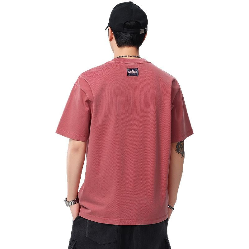 [WHOLESALE ONLY - CONTACT TO ORDER] Men's Heavyweight 100% Combed Cotton Vintage Washed Graphic Pocket Crewneck T-Shirt (Washed Brick Red) [AW-414]