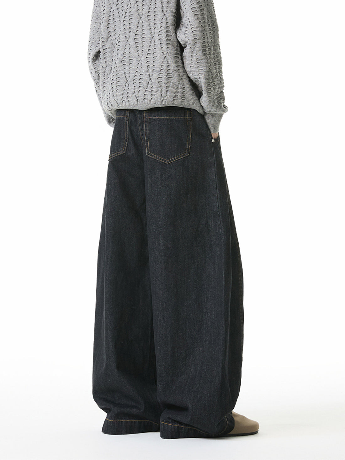 [WHOLESALE ONLY - CONTACT TO ORDER] Men's Heavyweight 100% Cotton Baggy Curved Seam Balloon Wide-Leg Jeans (Raw Indigo Blue) [AW-476]