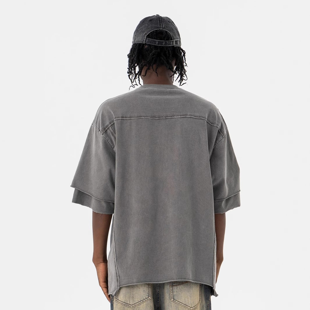 Men’s Vintage Washed T-Shirt – Distressed Finish Irregular Hem Summer Tee[NA-004]