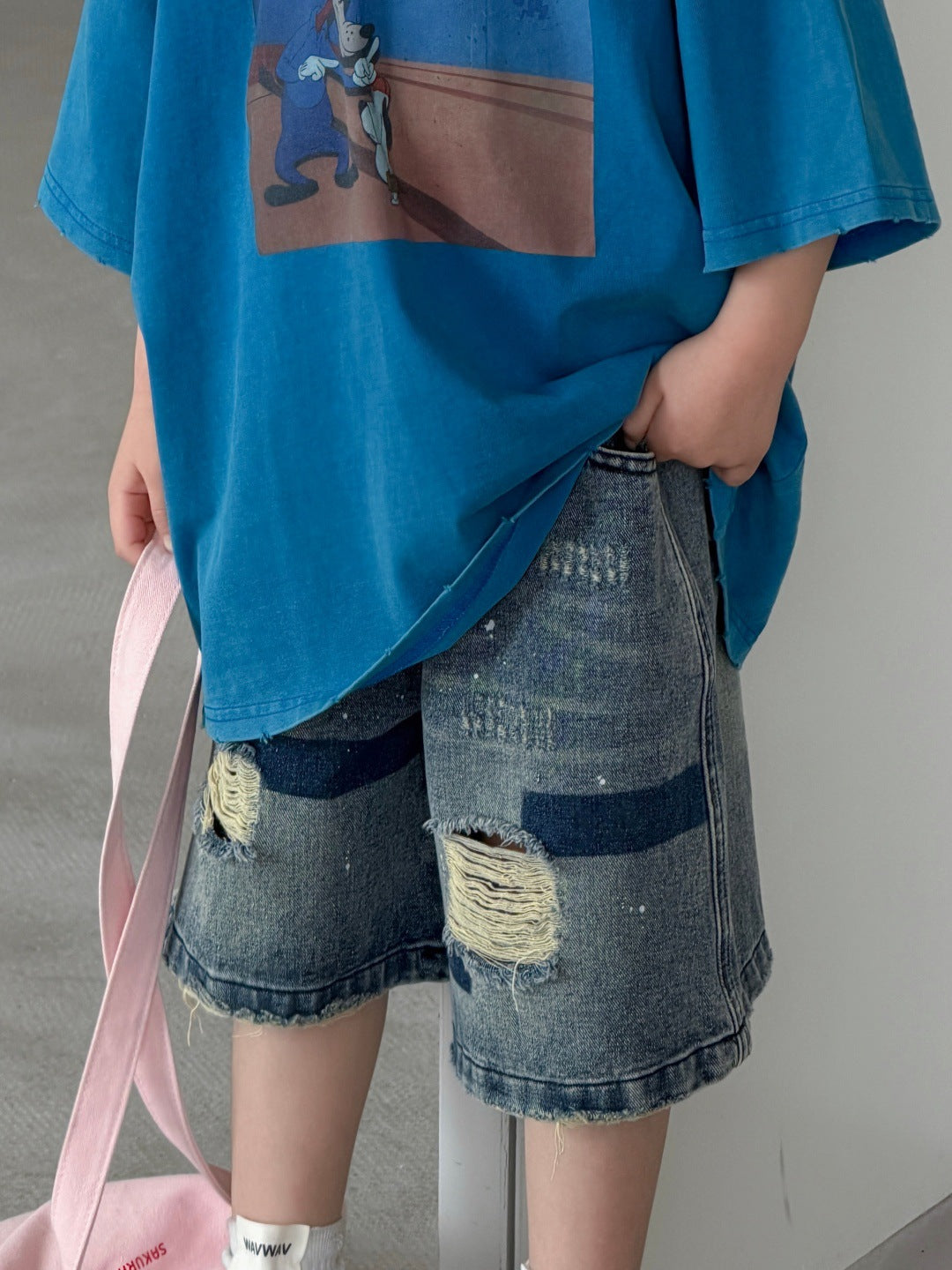[WHOLESALE ONLY - CONTACT TO ORDER] Unisex Kids Heavyweight 85% Cotton Distressed Vintage Washed Denim Shorts (Washed Blue) [KW-204]