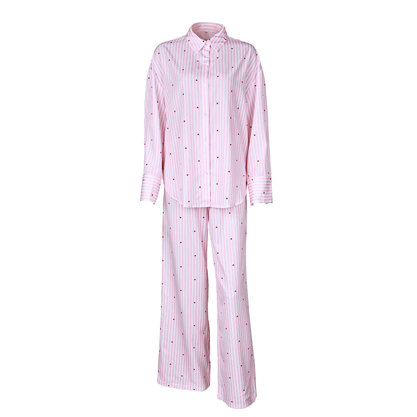 [WHOLESALE ONLY - CONTACT TO ORDER] Women's Cotton Blend 2-Piece Striped Button-Down Shirt & Pants Pajama Set with Hearts (Pink Stripe) [AW-549]