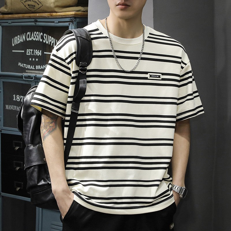 [WHOLESALE ONLY - CONTACT TO ORDER] Men's Heavyweight 100% Cotton Oversized Striped Short Sleeve T-Shirt with Chest Patch (Off-White Black Stripe) [AW-467]