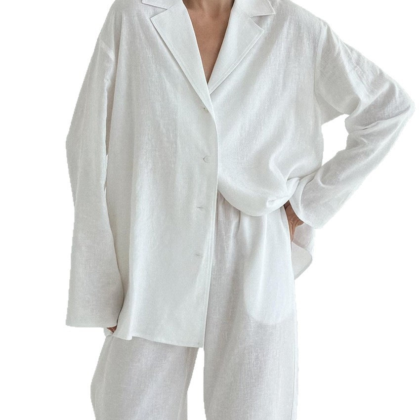 [WHOLESALE ONLY - CONTACT TO ORDER] Women's Cotton Blend 2-Piece Linen-Look Notch-Lapel Shirt & Wide-Leg Pants Lounge Set (Pure White) [AW-539]