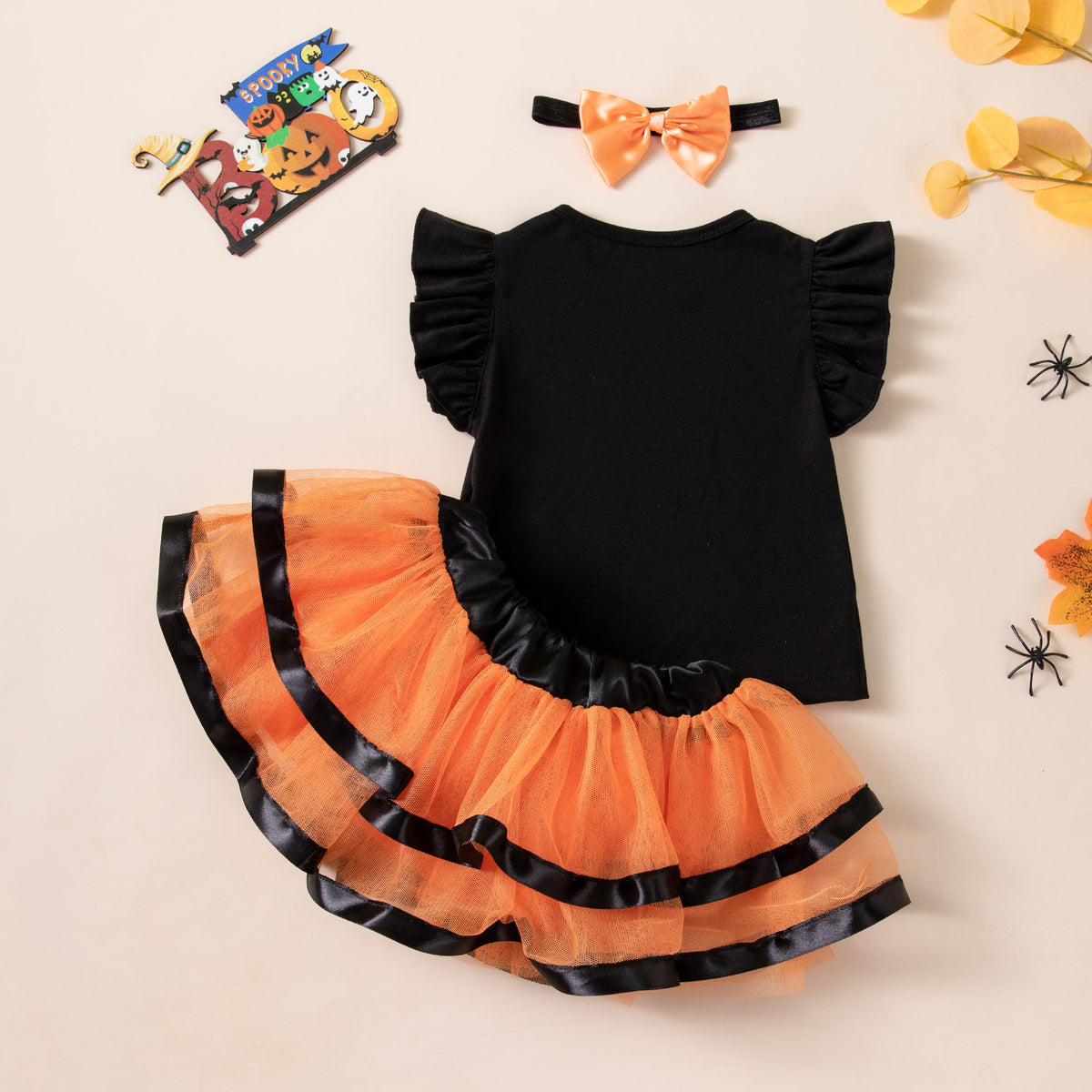 [WHOLESALE ONLY - CONTACT TO ORDER] Toddler Girls Premium 95% Cotton Halloween Ruffle Top & Orange Tutu Skirt 3-Piece Set (Fa-BOO-lous / Spooky Pumpkin) [KW-212]