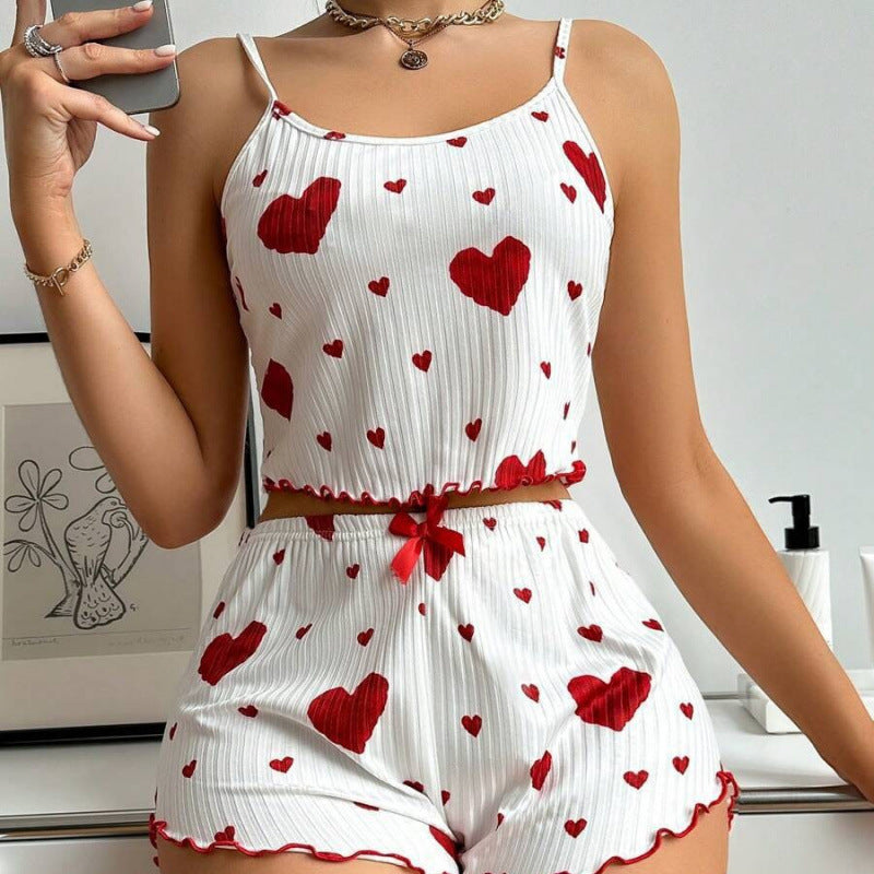 [WHOLESALE ONLY - CONTACT TO ORDER] Women's 70% Combed Cotton Rib-Knit Lettuce Trim Cami Top & Shorts Pajama Set (White Red Hearts) [AW-406]