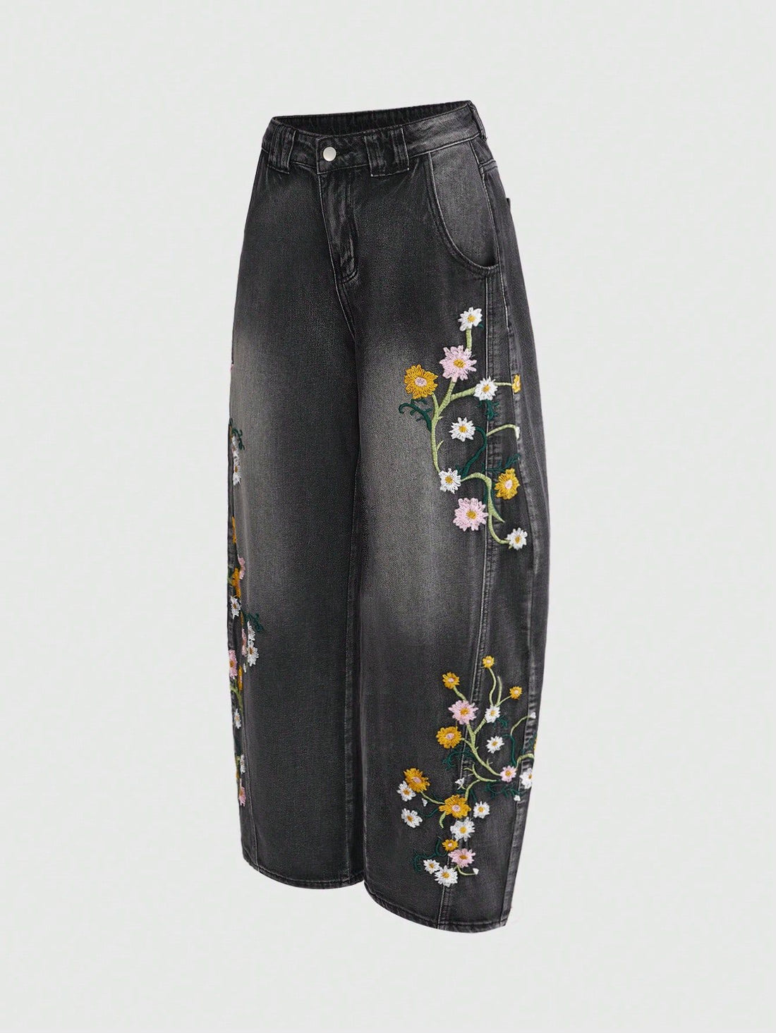 [WHOLESALE ONLY - CONTACT TO ORDER] Women's Floral Embroidered Barrel Horseshoe Jeans (Washed Black/Grey) - Catalog Display Only (Do Not Order Directly)
