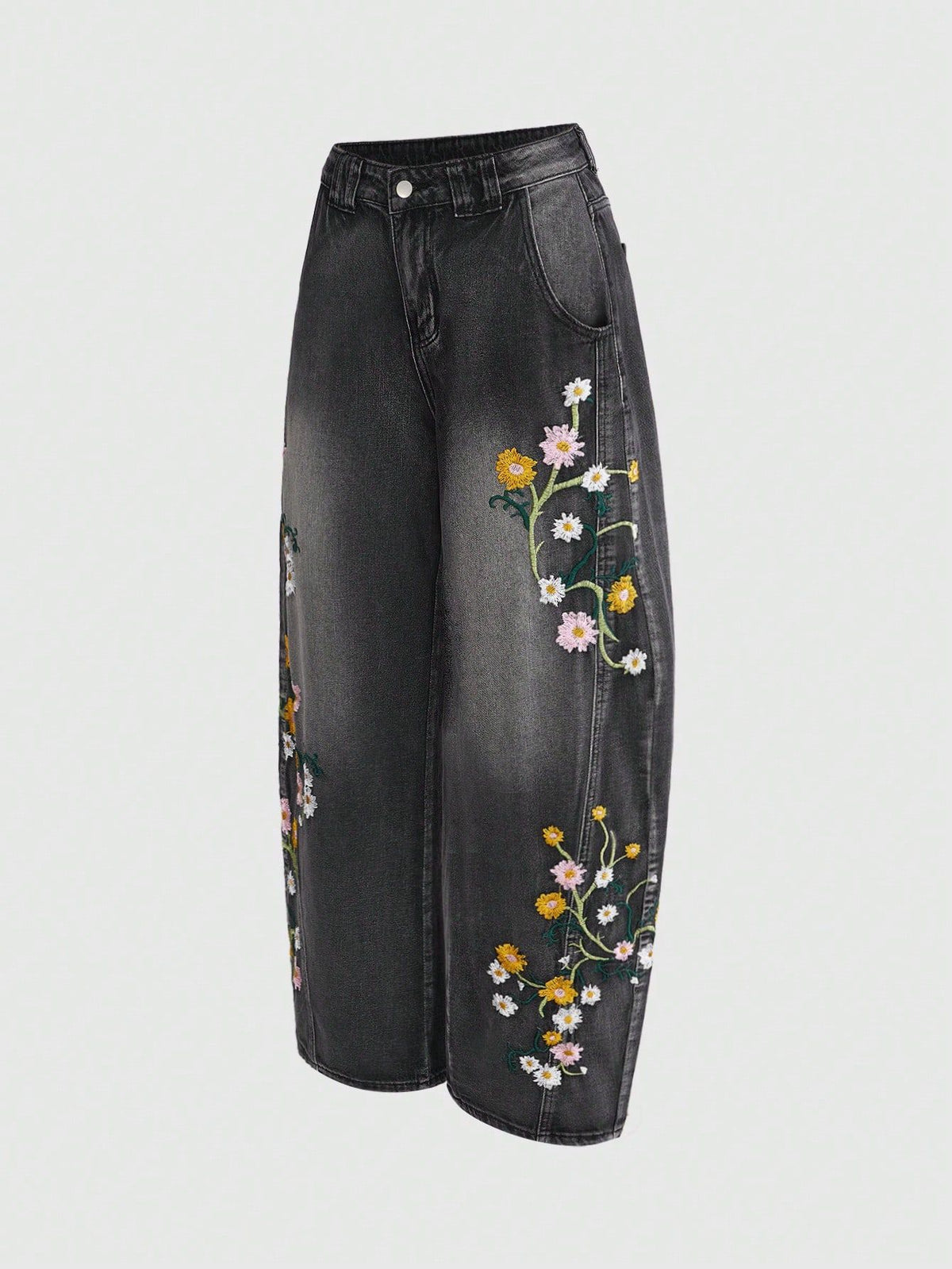 [WHOLESALE ONLY - CONTACT TO ORDER] Women's Floral Embroidered Barrel Horseshoe Jeans (Washed Black/Grey) - Catalog Display Only (Do Not Order Directly)