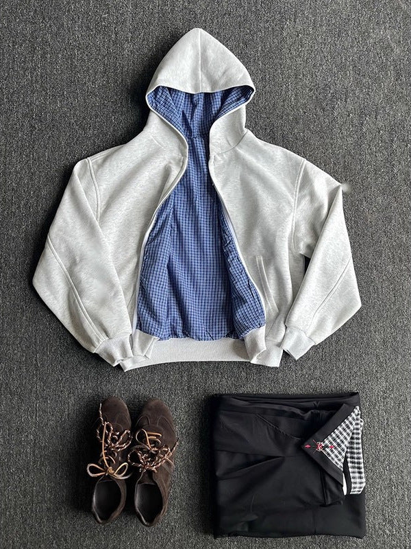 [WHOLESALE ONLY - CONTACT TO ORDER] Unisex Heavyweight Cotton Blend Gingham Plaid Lined Full-Zip Hoodie Jacket (Heather Grey) [AW-516]