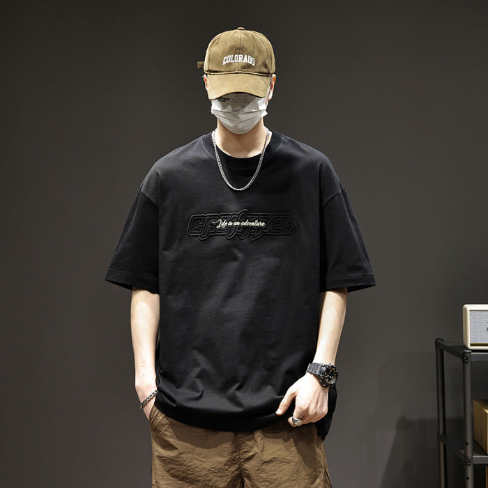 [WHOLESALE ONLY - CONTACT TO ORDER] Unisex Heavyweight 100% Cotton 3D Embossed Letter Graphic Oversized Short Sleeve T-Shirt (Washed Black) [AW-366]