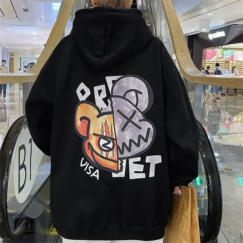[WHOLESALE ONLY - CONTACT TO ORDER] Unisex Heavyweight Cotton Blend Split Bear Graphic Fleece Pullover Hoodie (Noir Black) [AW-525]