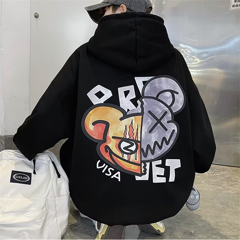 [WHOLESALE ONLY - CONTACT TO ORDER] Unisex Heavyweight Cotton Blend Split Bear Graphic Fleece Pullover Hoodie (Noir Black) [AW-525]